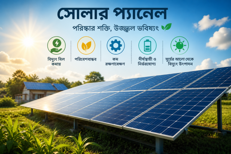 বাড়ির ছাদে স্থাপিত সোলার প্যানেল ও সৌরবিদ্যুৎ ব্যবস্থা