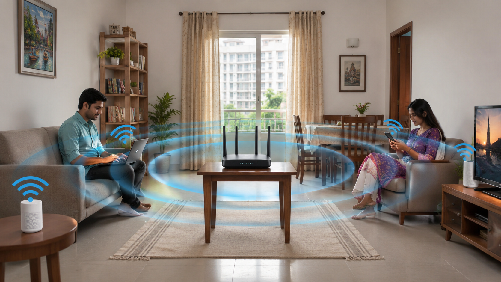 বাড়িতে সঠিক স্থানে Wi-Fi router রেখে ভালো কভারেজ পাওয়ার দৃশ্য