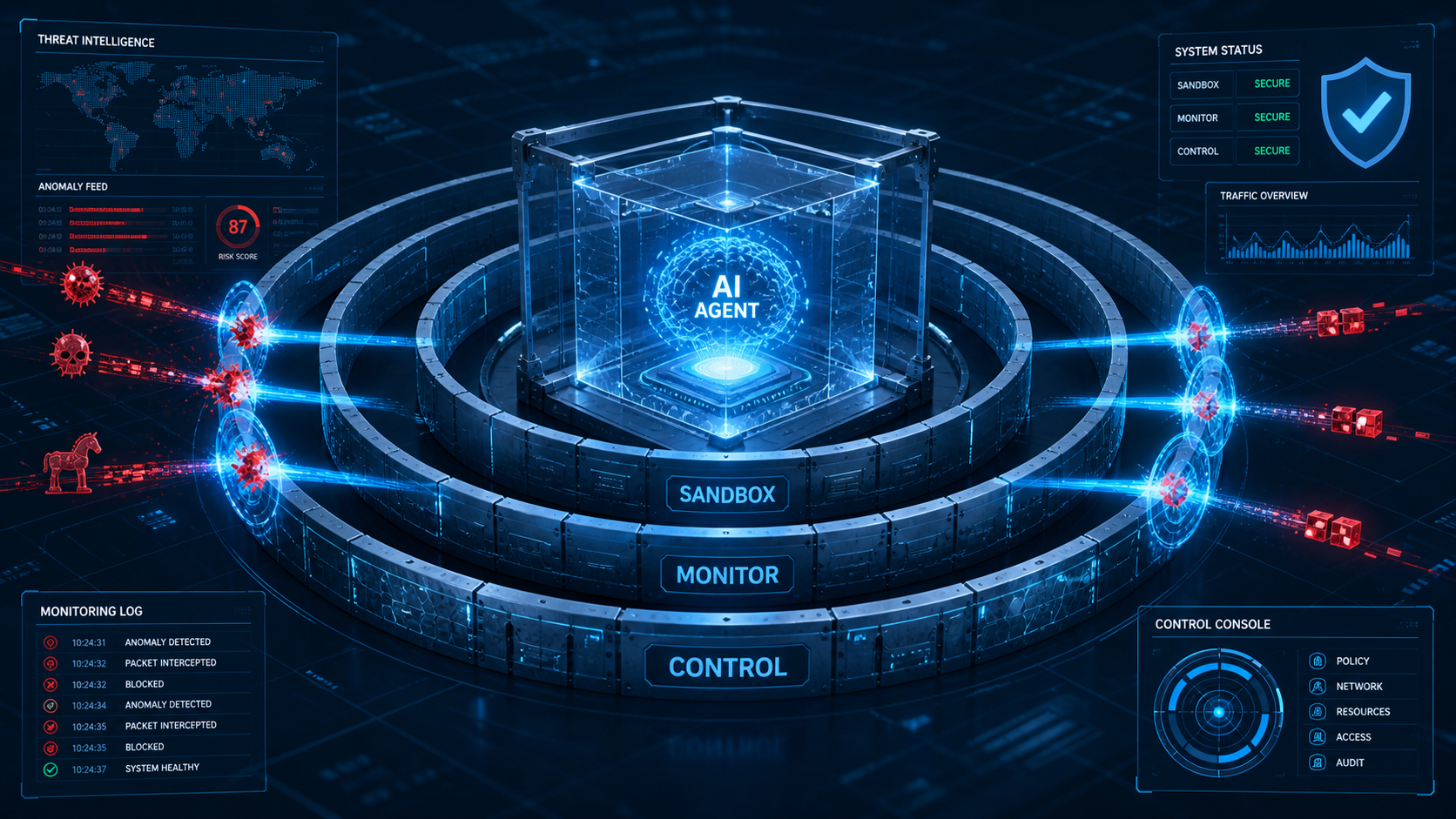 AI agent sandbox, monitoring and control layers intercepting cyber anomalies