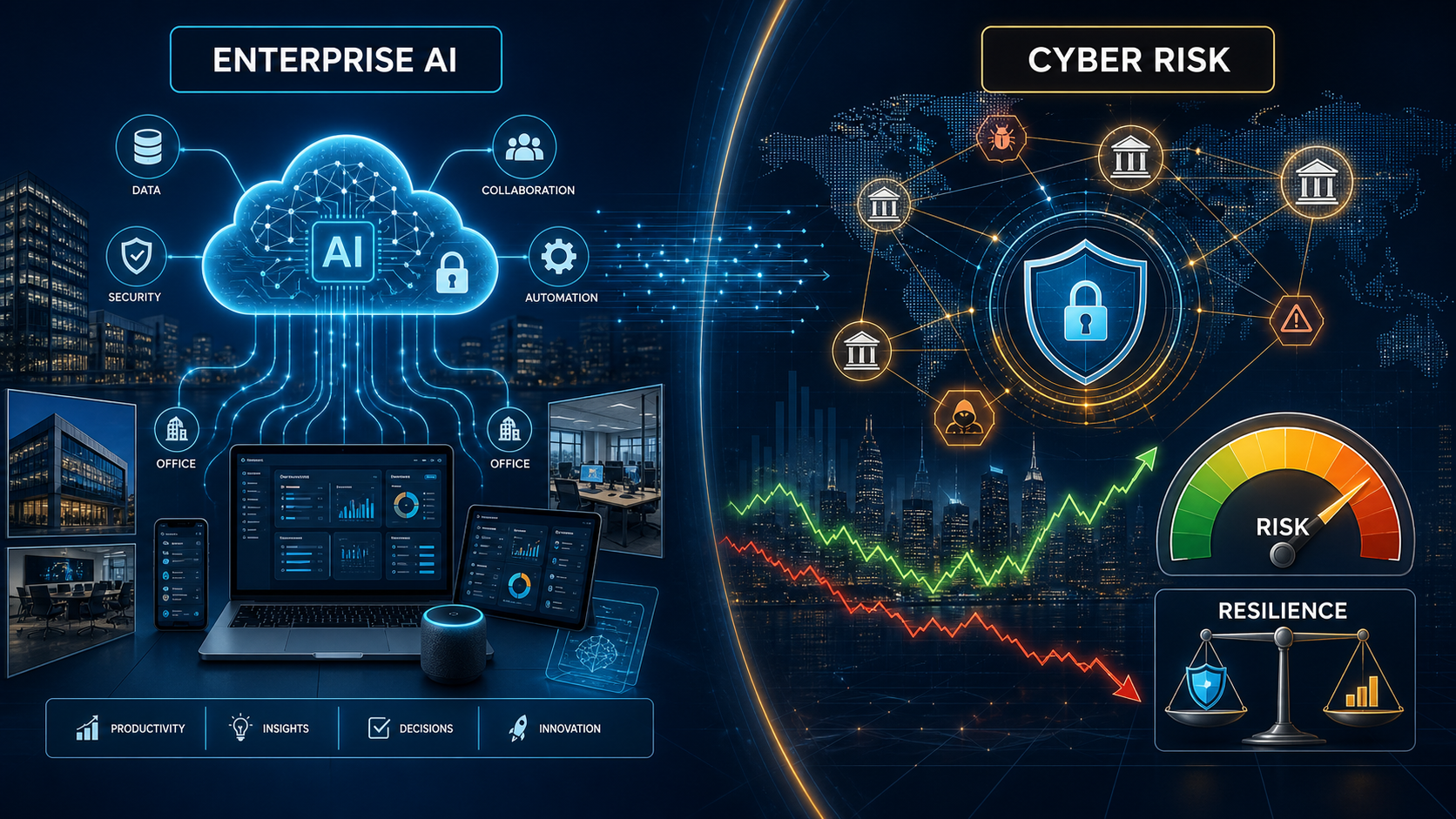 Enterprise AI cloud workflow beside a global financial cyber risk and resilience infographic