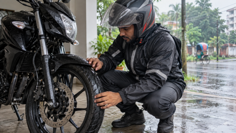 বর্ষায় মোটরসাইকেলের টায়ার ও ডিস্ক ব্রেক পরীক্ষা করছেন একজন রাইডার