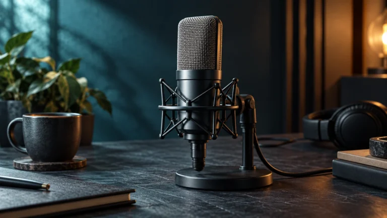 ভয়েস AI বিষয়ক editorial cover: unbranded microphone-এর AI-তৈরি ধারণাচিত্র, product endorsement নয়