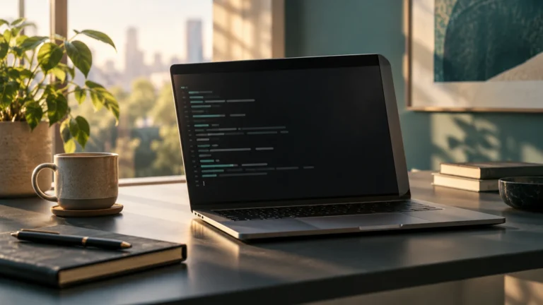 AI engineering ও privacy-এর editorial cover: unbranded laptop ও privacy screen-এর AI ধারণাচিত্র
