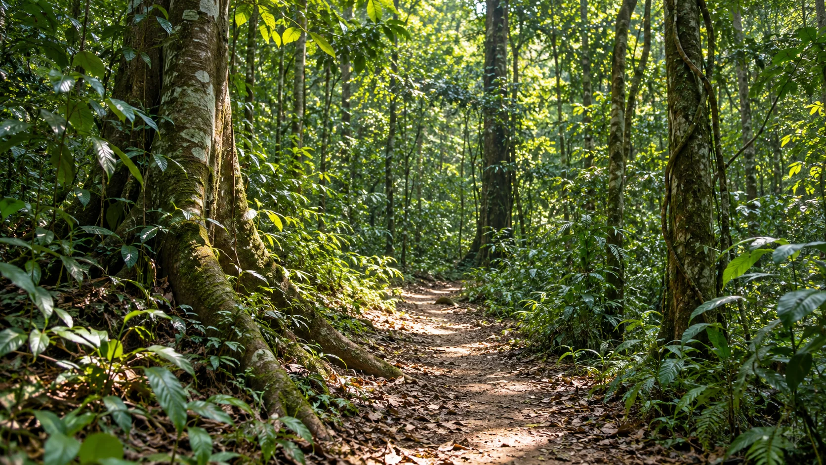 ঘন সবুজ বনের ভেতর প্রাকৃতিক হাঁটার পথ