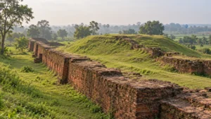 প্রাচীন ইটের প্রাচীরের পাশে সবুজ প্রত্নস্থানের পরিবেশ