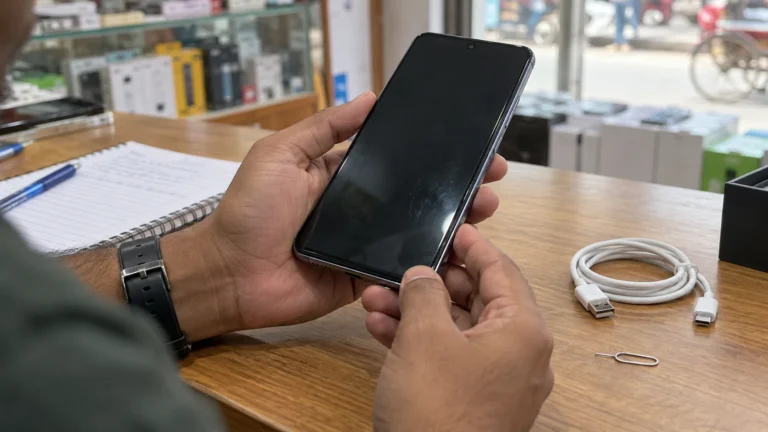 দোকানে হাতে ধরে ব্যবহৃত স্মার্টফোন পরীক্ষা