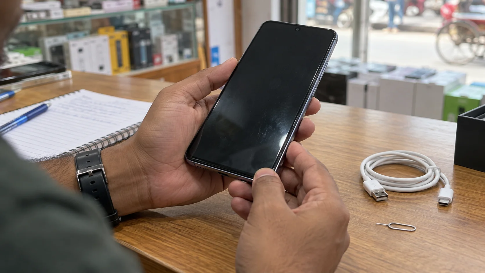 দোকানে হাতে ধরে ব্যবহৃত স্মার্টফোন পরীক্ষা